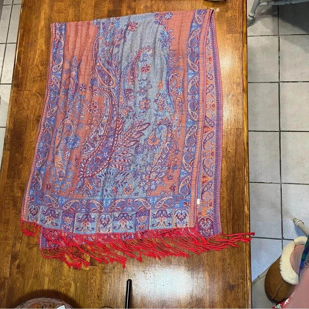Pashmina Scarf 100% Cashmere purple red blue paisley beautiful - Picture 8 of 11
